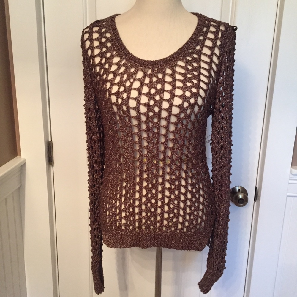 LUCKY BRAND SWEATER SCOOP NECK BROWN OPEN KNIT Size M